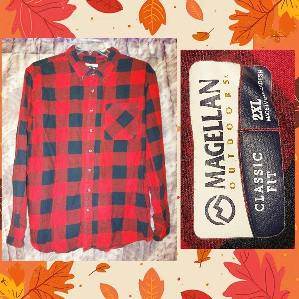 Magellan Outdooors Red/Blk Buffalo Plaid Flannel Knit Button Front Shirt Sz 2XL